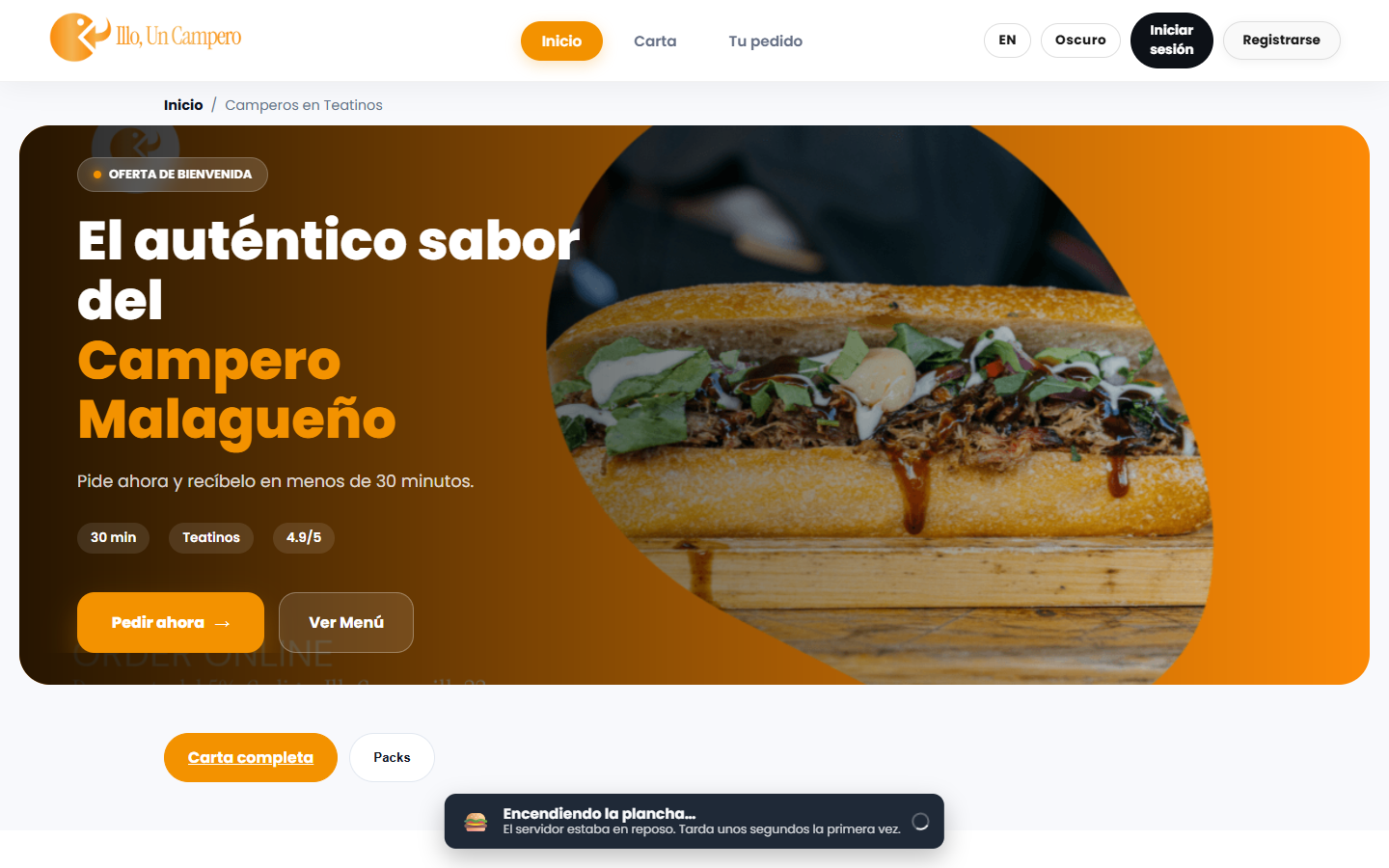Home page of Illo Un Campero, with a campero sandwich and the Order now button