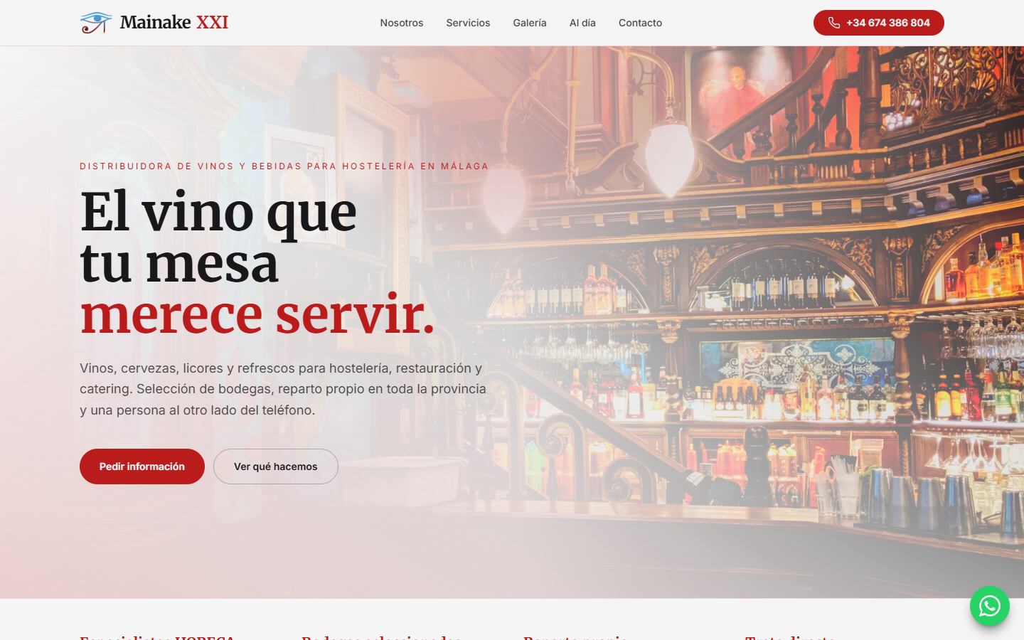 Home page of the Mainake XXI website, with a bar counter in the background