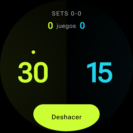 Point Counter scoreboard on a watch, showing 30 to 15 in the game